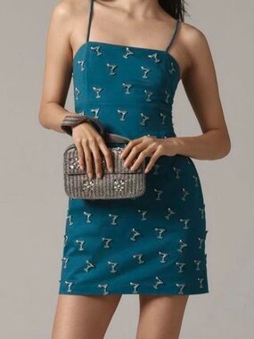 Maeve by Anthropologie Teal Beaded Martini Embellished Mini Dress